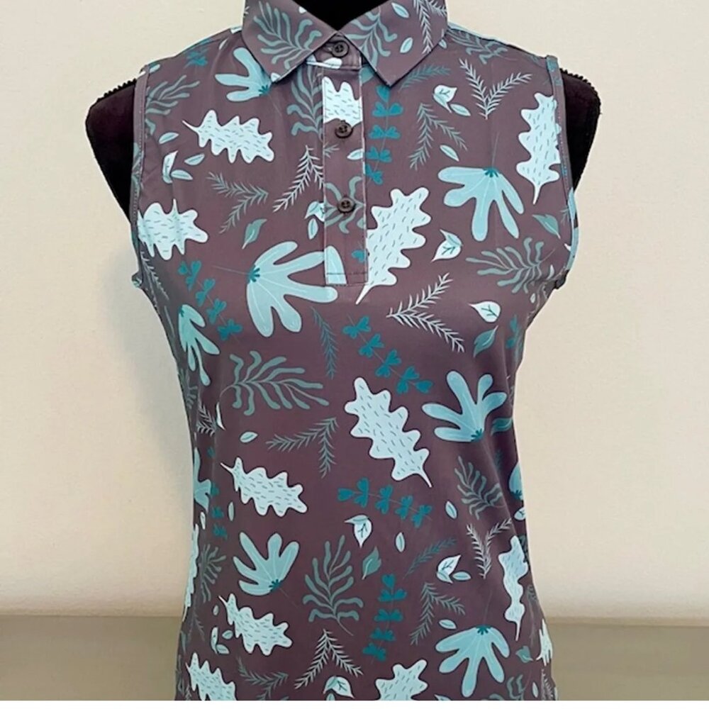 CS Ladies Sleeveless Grey Leaf Print Polo